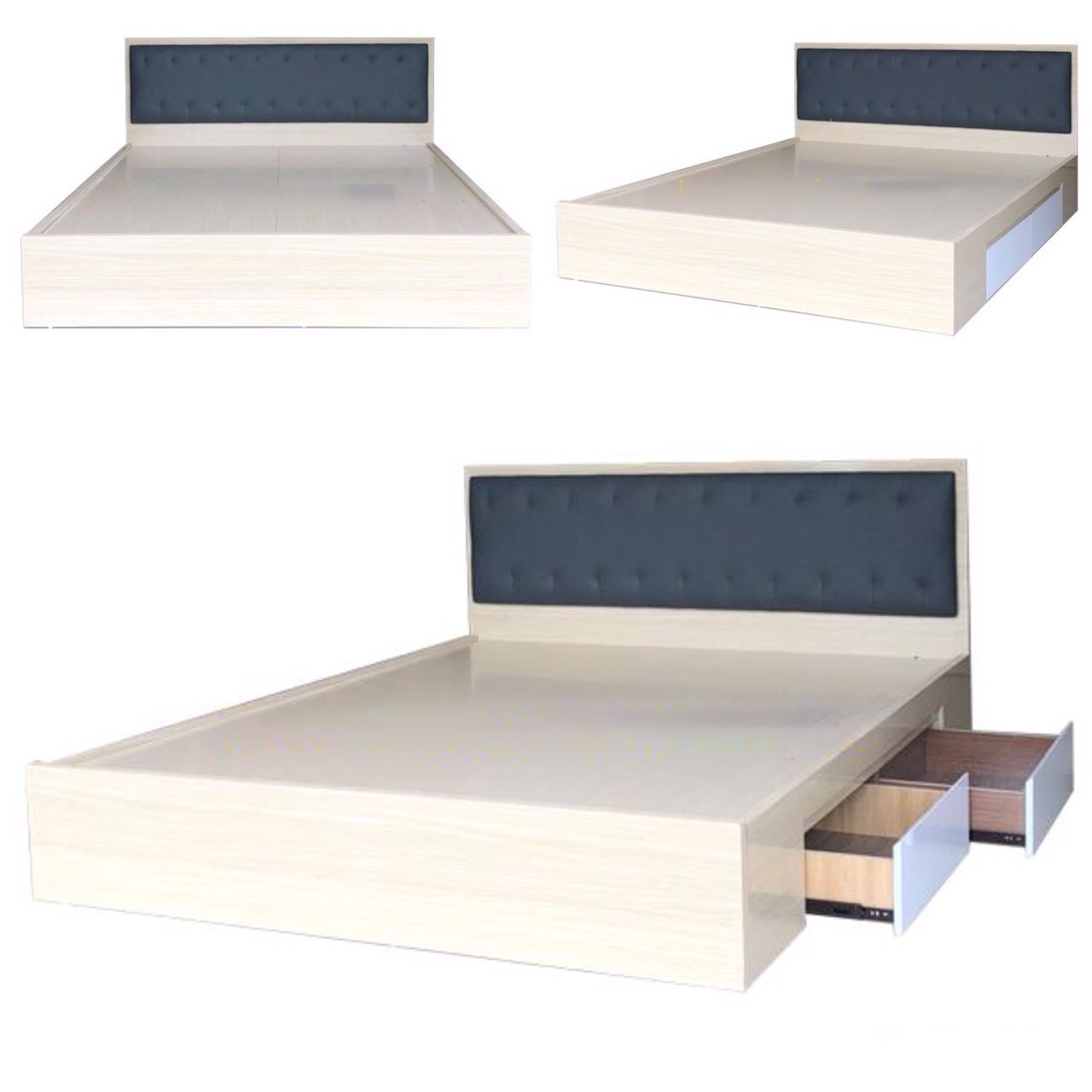 Giường Ngủ Gỗ MDF Phủ Melamine Đầu Nệm Đen Có Ngăn Kéo Màu Vàng Kem