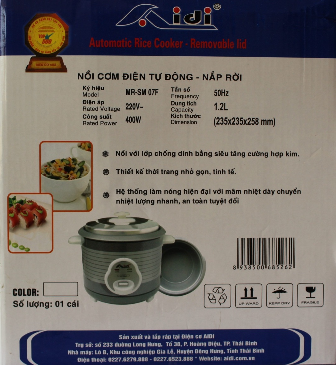 Nồi Cơm Điện Tự Động Nắp Rời Aidi MR-SM 07F (1,2 lít) - Màu Ngẫu Nhiên - Hàng Chính Hãng