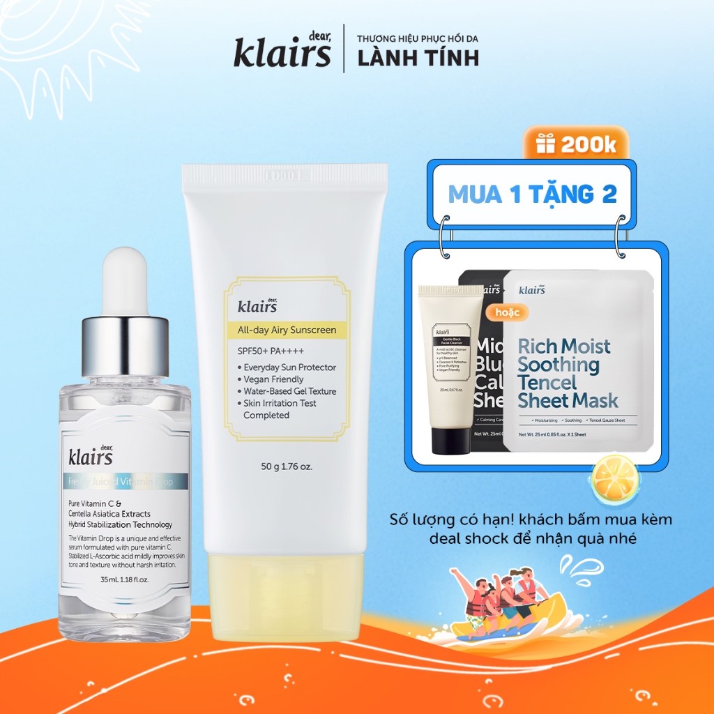 Combo Dear, Klairs Kem chống nắng All-day Airy Sunscreen SPF50+ PA++++ 50g+Tinh chất Freshly Juiced Vitamin C 35ml