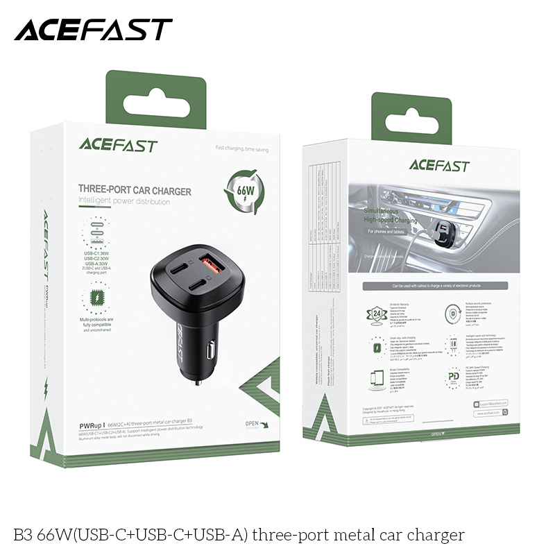 Sạc ô tô Acefast 66W 3 cổng 2xUSB-C + 1xUSB-A - B3 Hàng chính hãng Acefast