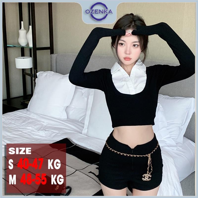 Áo croptop tay dài có cổ cải màu sang chảnh nữ OZENKA ,áo crt polo kiểu hàn quốc ôm body dưới 55 cân