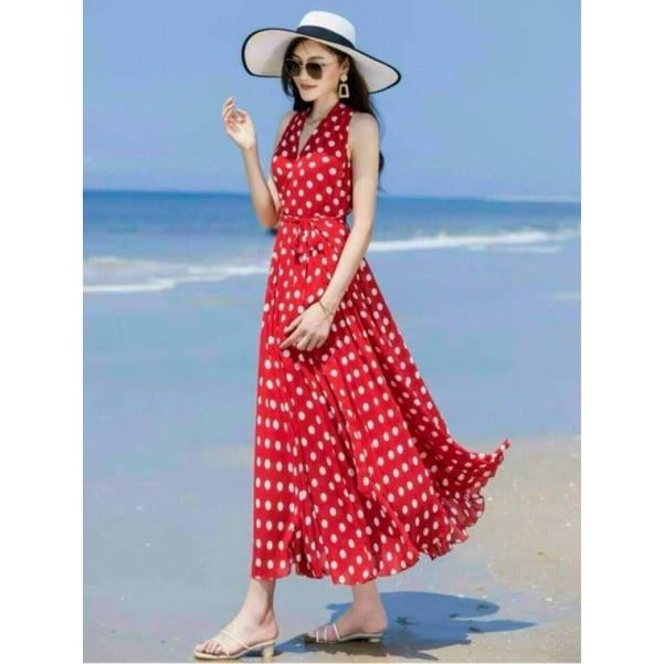 ĐẦM MAXI CHẤM BI CỔ V