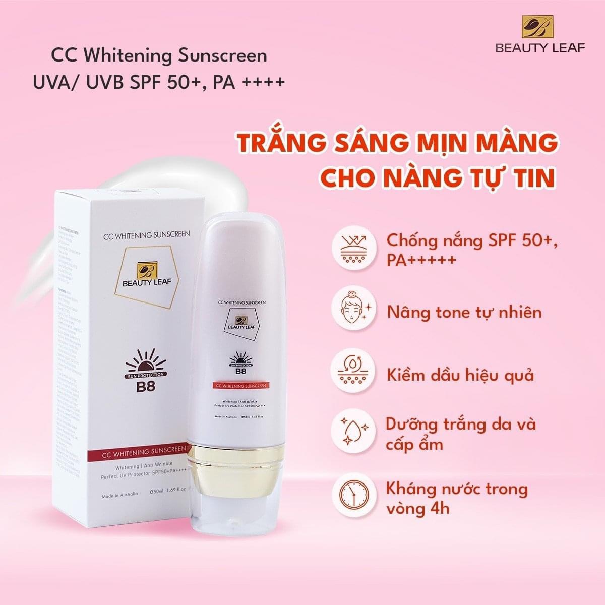 Kem Chống Nắng Beauty Leaf SPF50+ 50ml, Tinh Chất Chống Nắng Nâng Tone,Chống Nước Ngăn Chặn Và Bảo Vệ Da Dưới Tác Hại Của Tia UVA, UVB Từ Ánh Nắng Mặt Trời Beauty Leaf CC Whitening Sunscreen