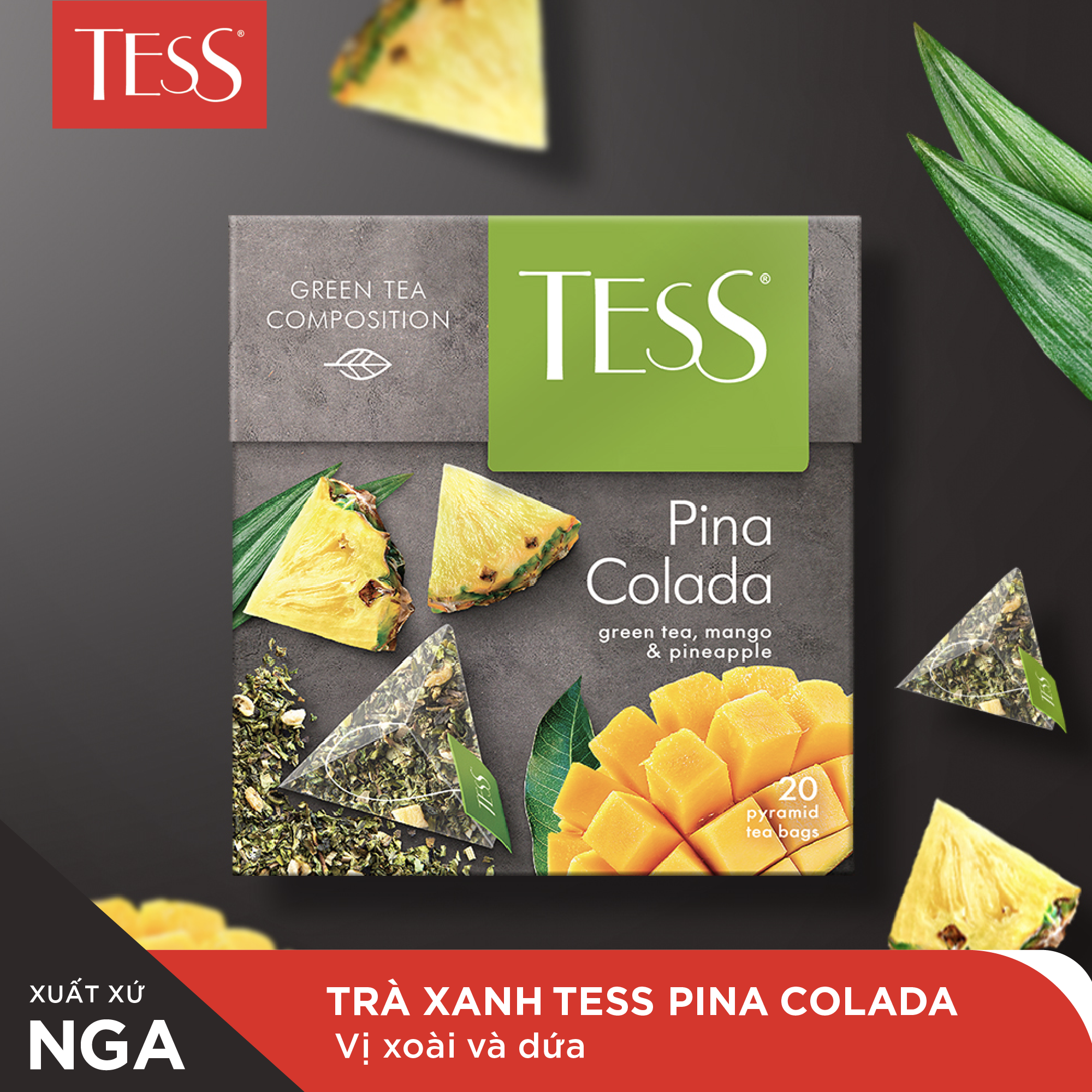 Trà xanh Tess Pina Colada vị xoài và dứa 20 gói/hộp