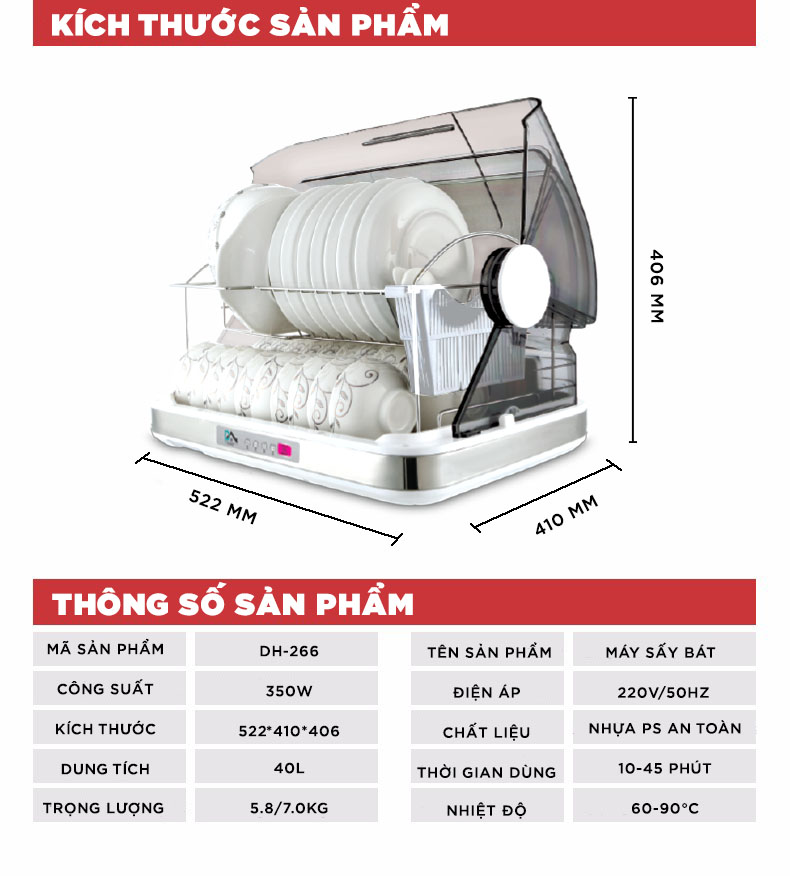 Máy Sấy Khử Trùng Chén Bát Dhome DH - 266 Dung Tích 40l - Hàng Chính Hãng