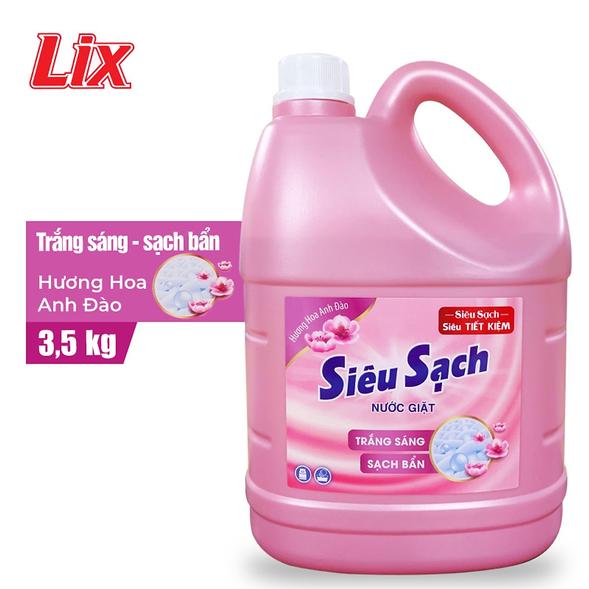 Nước giặt Lix Siêu sạch hương hoa anh đào 3.5kg N2504 làm sạch cực nhanh vết bẩn, tăng gấp đôi sức mạnh giặt tẩy