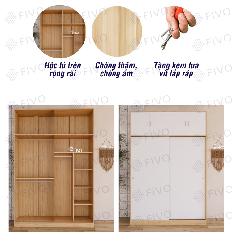 Tủ Treo Quần Áo Cửa Lùa Gỗ MDF Cao Cấp FC31 FIVO, Nhiều Ngăn Đựng Đồ, Không Gian Hộc Tủ Trên Rộng Rãi