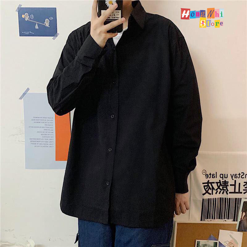 Sơ Mi Trơn Dáng Rộng Basic Unisex Tay Dài Màu Đen - MM
