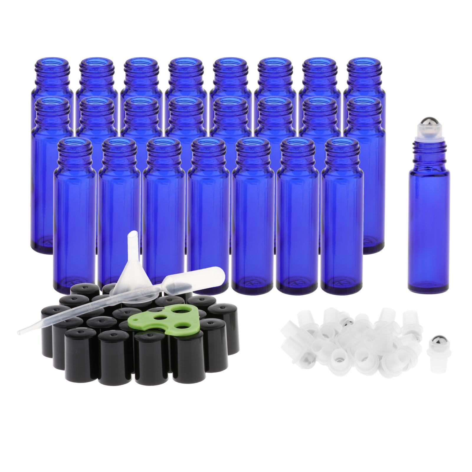 Essential Oil Roller Bottles Set w/Stainless Steel Balls, 24 Pcs 10ml Leakproof Glass Bottle for Perfume & Aromatherapy Oils 1 Funnel + Opener+dropper