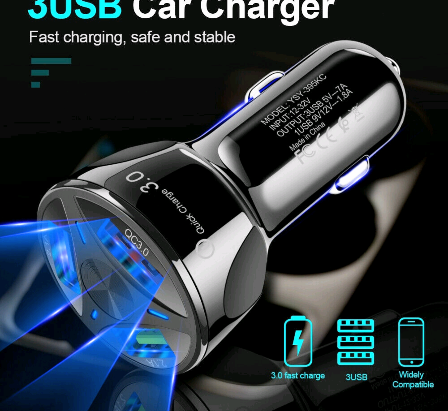 1 TẨU SẠC ĐIỆN THOẠI NHANH 3 CỔNG SẠC USB THÔNG MINH XE HƠI ÔTÔ CAO CẤP