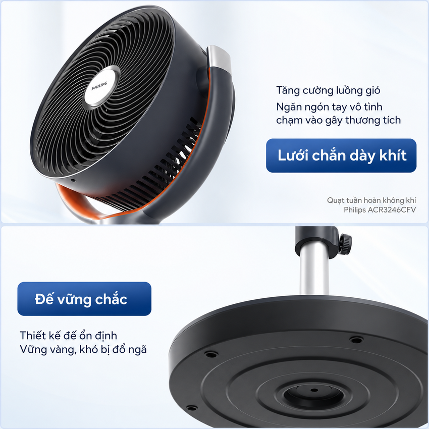 Quạt tuần hoàn không khí 3D động cơ biến tần DC chuyên nghiệp thương hiệu Hà Lan cao cấp Philips ACR3246CFV Serial 3000 - Hàng nhập khẩu
