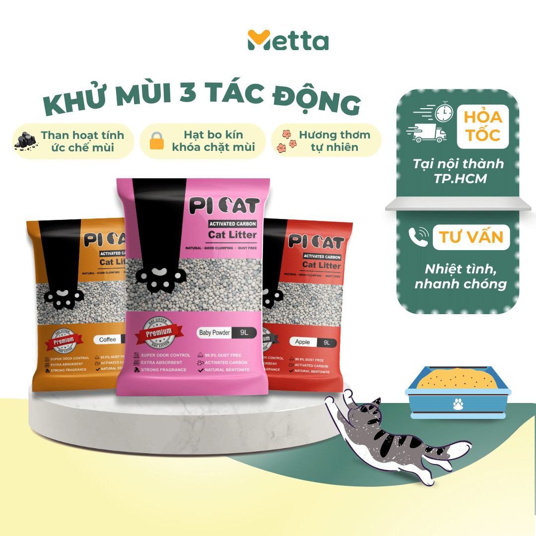 Cát vệ sinh cho mèo Picat ít bụi-thấm hút tốt-vón cục chặt mix than hoạt tính khử mùi tốt túi 9L - MÙI CÀ PHÊ