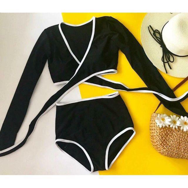 Bikini Đồ Bơi Dài Tay Viền Trắng- Savvy- Phối Quần Tam Giác Cạp Cao
