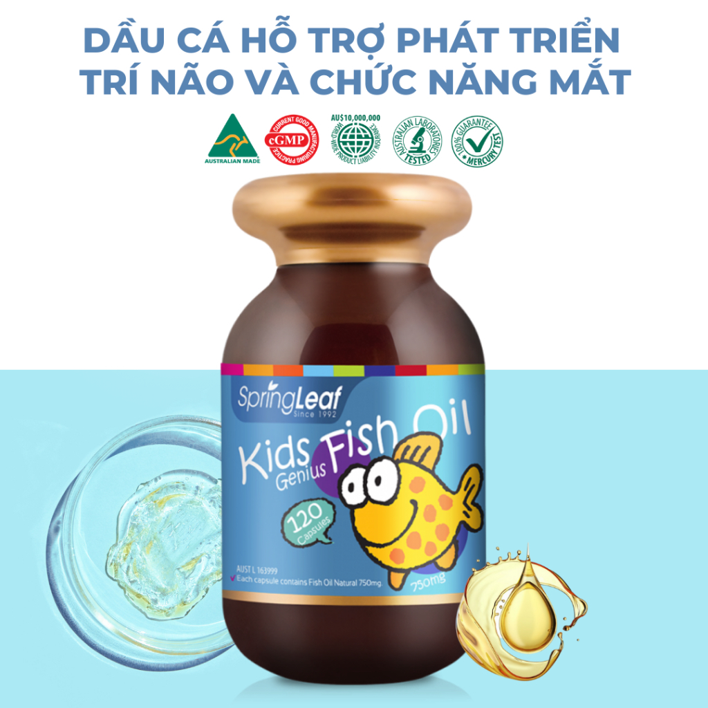 Viên uống dầu cá hỗ trợ sáng mắt và phát triển trí não cho bé SpringLeaf Kids Genius Fish Oil 750mg 120 viên