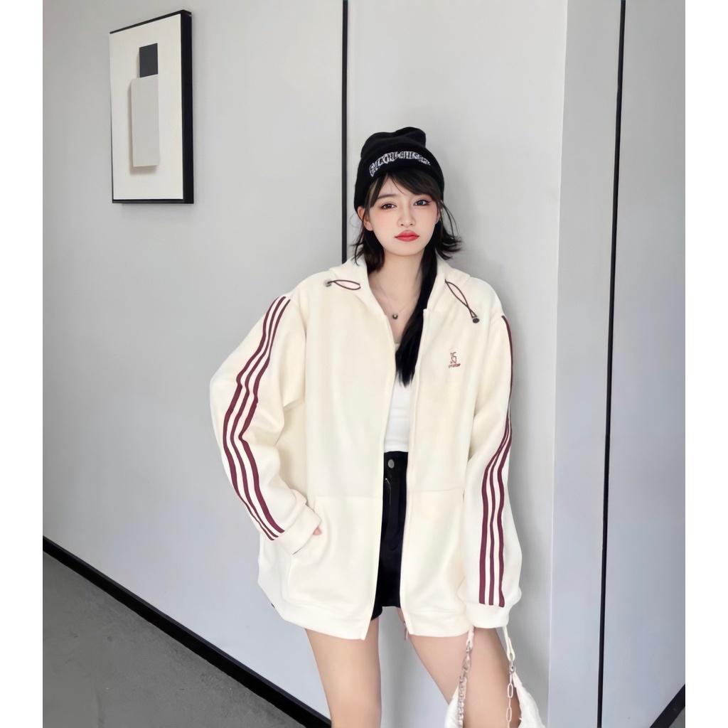Áo Khoác Nỉ Nam Nữ Unisex Mũ Dây Rút Chạy Sọc