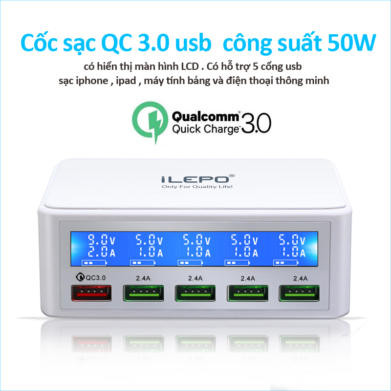 Trạm sạc di động thông minh để bàn sạc nhanh Quick Charge 3.0 màn hình hiển thị đèn LED ILEPO818