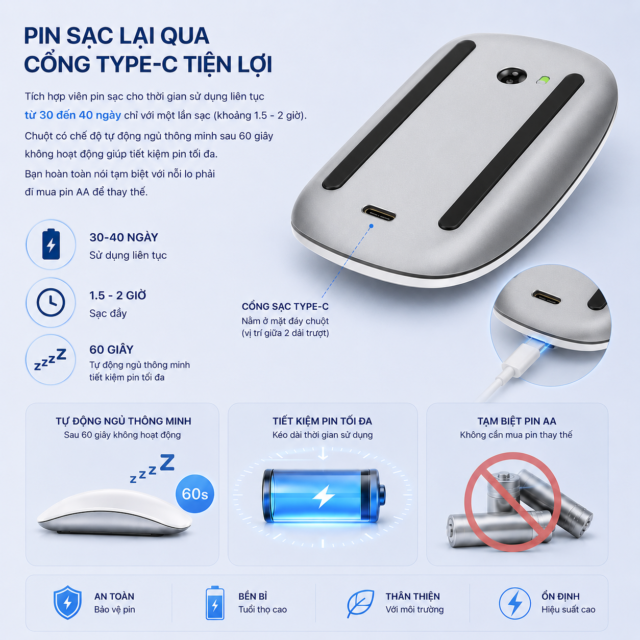 Chuột Không Dây WiWU WIMICE WM103 AirTouch Magic Mouse – Silent Click Êm Ái Tương Thích MacBook iPad Windows Android - Bluetooth 5.1 | Sạc Type-C | Silent Click | 3 Mức DPI - Hàng nhập khẩu