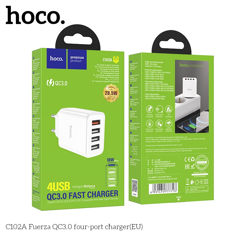 Củ sạc nhanh 4 cổng USB, cốc sạc điện thoại sạc nhanh QC3.0 28.5W C102A - Hàng chính hãng