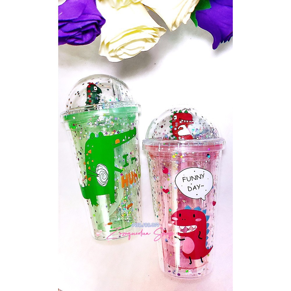 Bình - ly uống nước bằng nhựa mê ca hình chú khủng long kèm ống hút