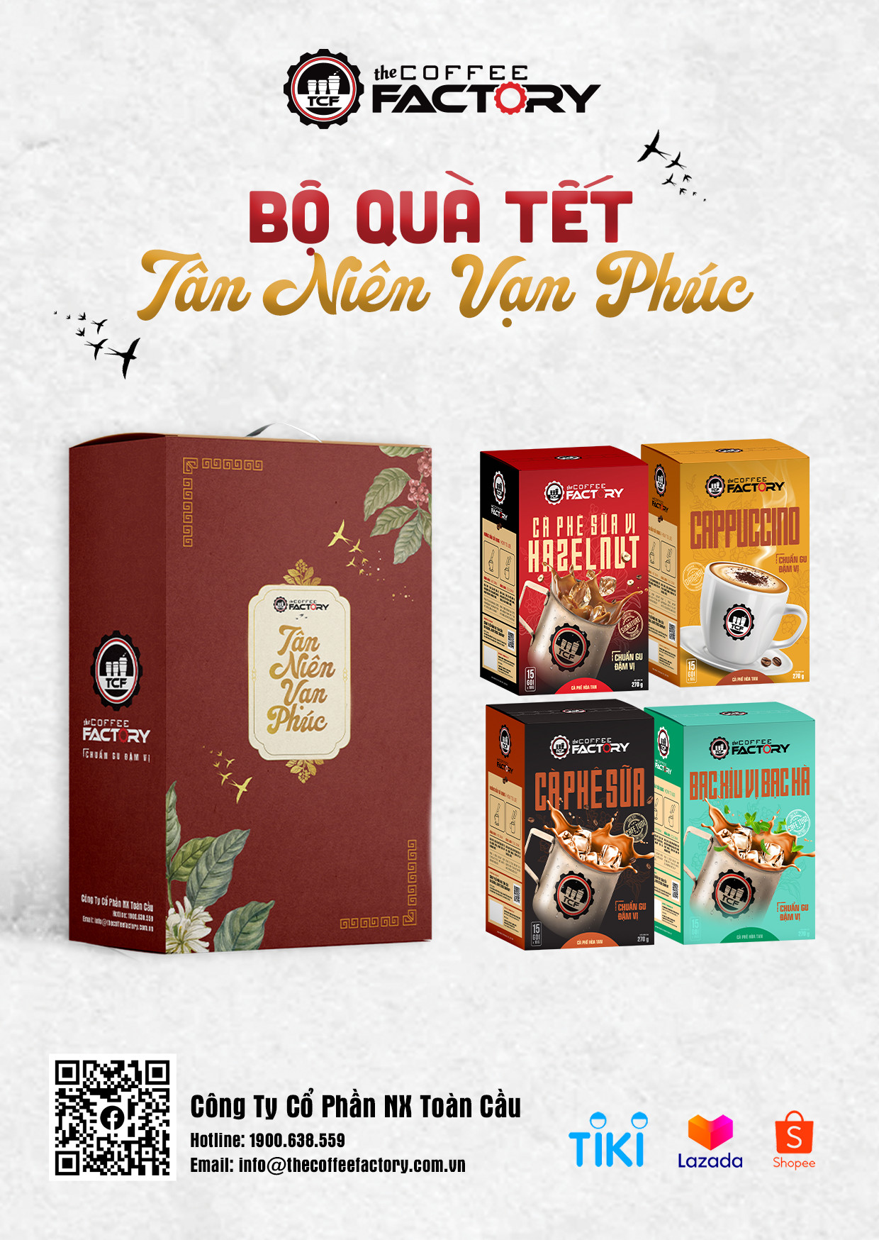 Bộ quà tết gồm cà phê hòa tan The Coffee Factory (Cà phê sữa + Cappuccino + Cà phê sữa vị hazelnut + Bạc xỉu vị bạc hà)