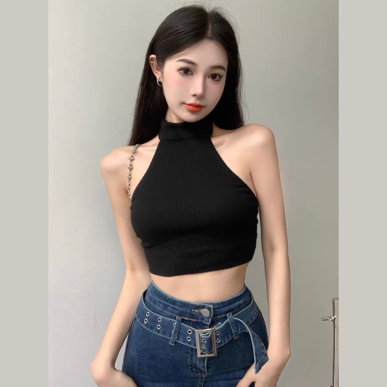 Áo croptop kiểu yếm ôm cổ lọ hở lưng khoe eo cài nút thời trang ngọc phong cách hàn quốc đẹp sexy sang chảnh 2022