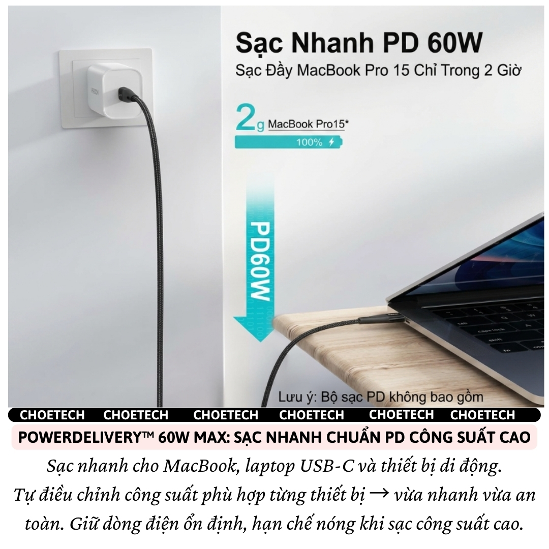 Dây cáp sạc nhanh PD + QC3.0 60W SmartChip AI DURAFLEX Choetech XCC100 siêu nhanh dùng cho tất cả dòng iP 15 16 17 Samsung Oppo MacBook, iPad, Android, Nintendo Switch- Hàng nhập khẩu