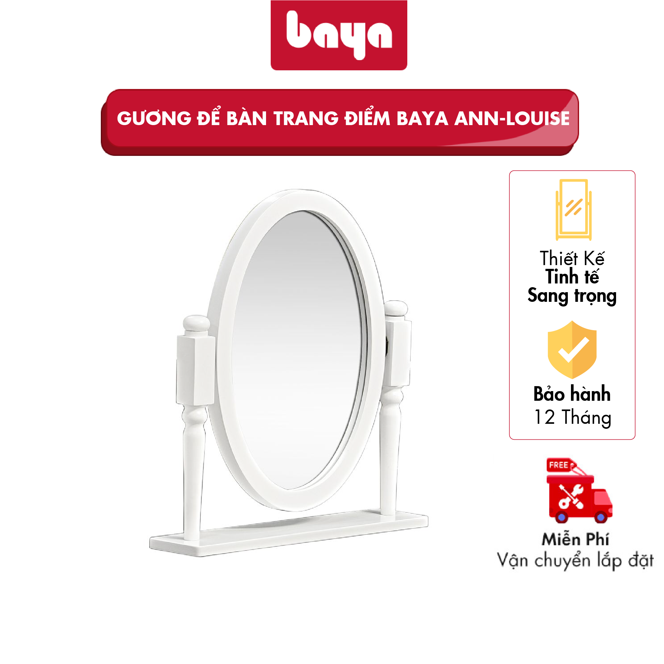 Gương Để Bàn Trang Điểm BAYA ANN LOUISE Khung Gỗ Sơn Trắng, Kiểu Dáng Tinh Tế Trang Nhã, Mặt Gương Cho Hình Ảnh Phản Chiếu Sắc Nét Trung Thực 1029734