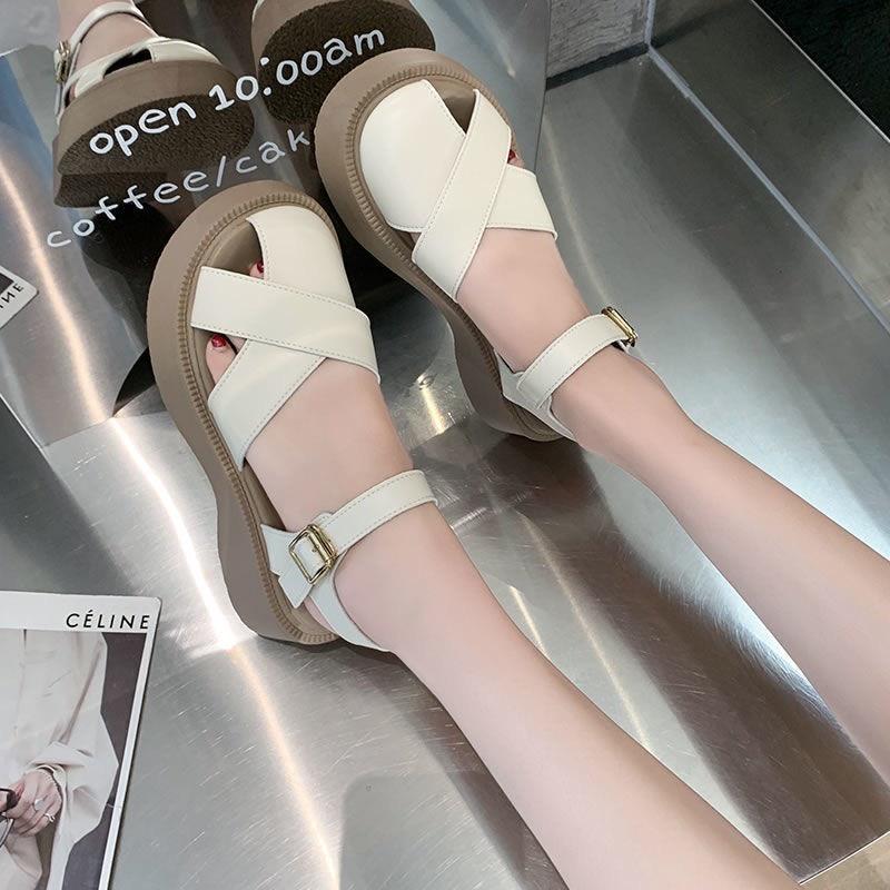 Giày sandal đế dày 4-5cm nâng chiều cao hở ngón phối quai chéo xinh xắn thời trang cho nữ