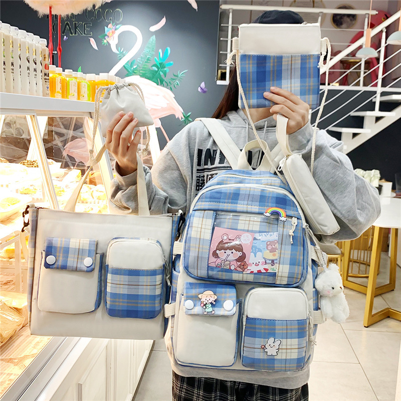 Combo 5 món BH Kids Balo caro nữ, phiên bản Hàn Quốc, vải Nylon chống nước