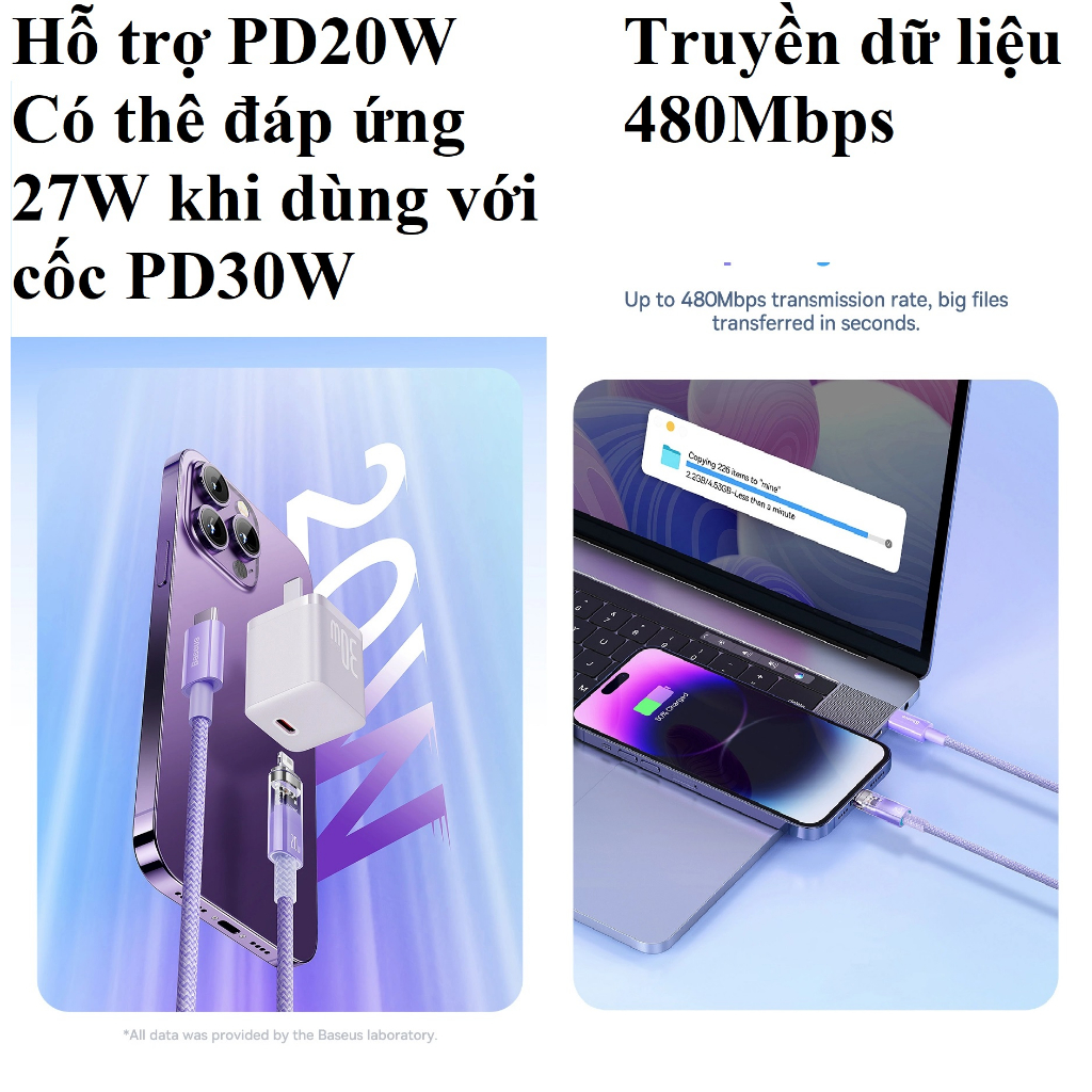 Cáp sạc nhanh PD 20W tự ngắt bộ đôi chip điều khiển Baseus Explorer CB000040 _ hàng chính hãng