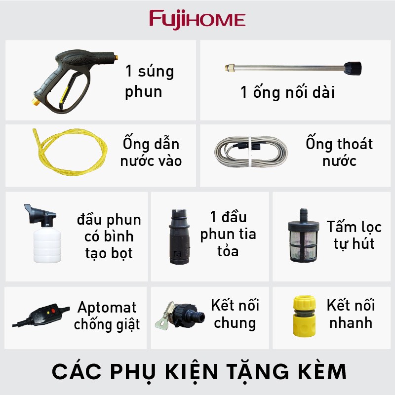 Máy xịt rửa xe cao áp cho ô tô xe máy Fujihome nhập khẩu chính hãng bảo hành 18 tháng