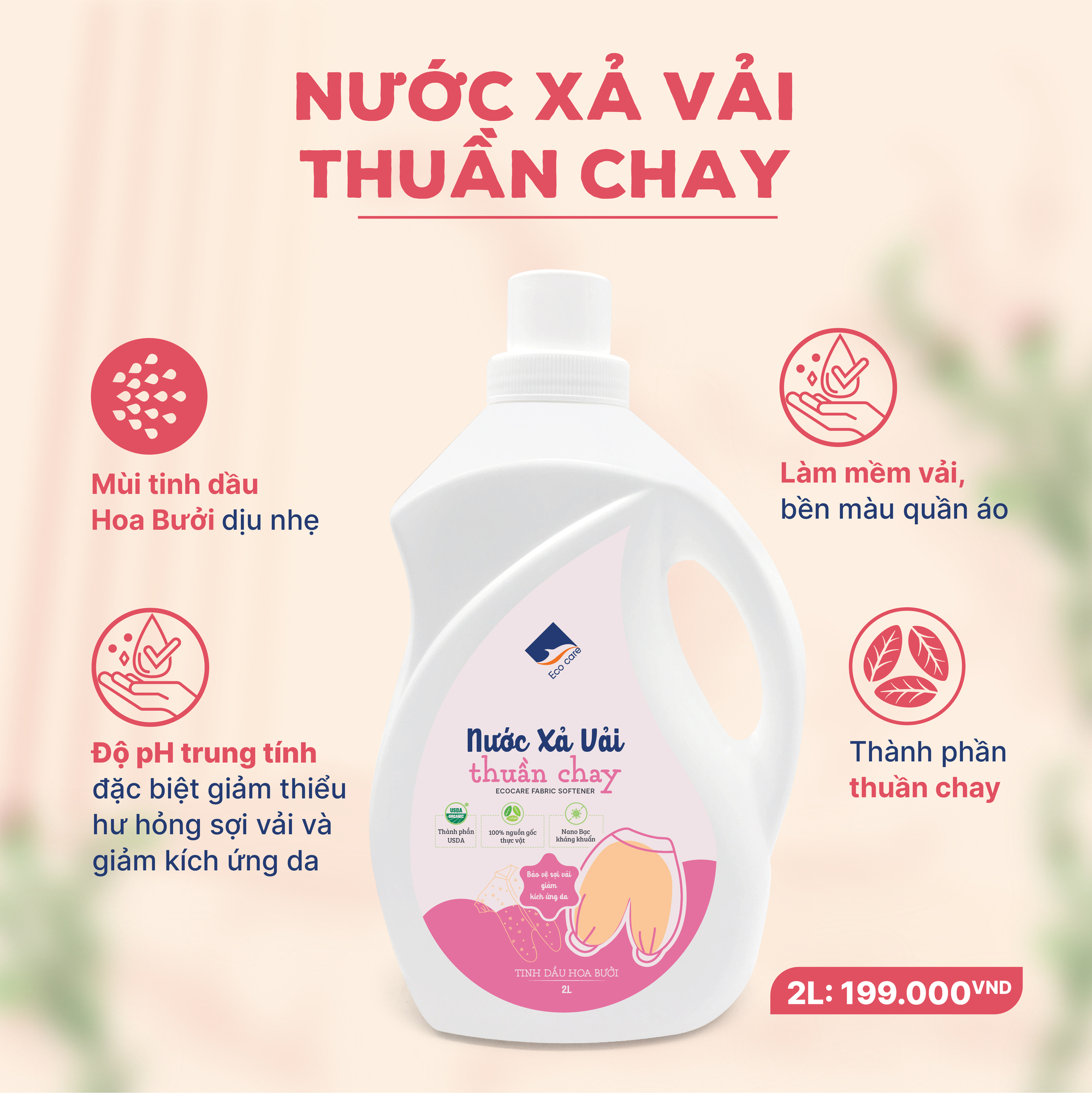 Nước Xả Vải Thuần Chay Hữu Cơ ECOCARE 100ml-2L, PH Cân Bằng, Thành Phần Tự Nhiên An Toàn Cho Trẻ Em