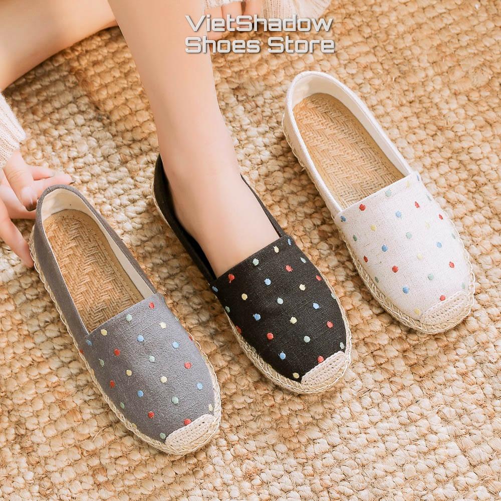 Slip on nữ giày lười vải thêu 2022 chất liệu vải bố 3 màu đen xám và khaki - Mã X-20