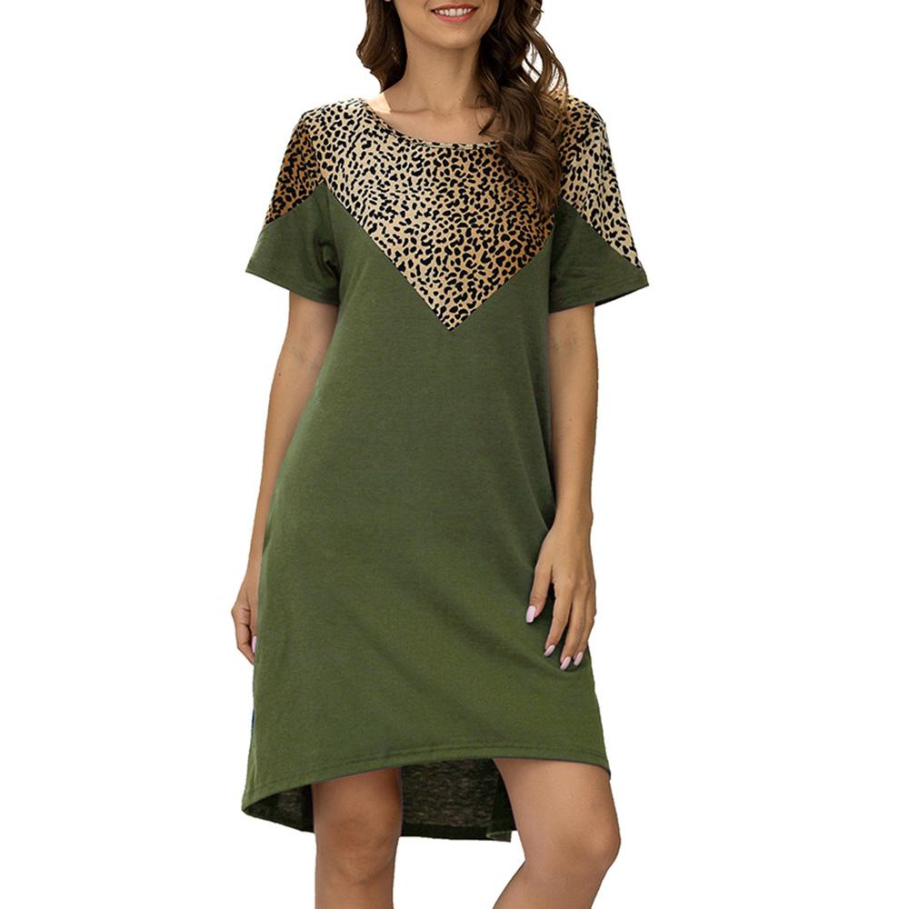 Women Leopard Print Dress Splicing Loose A-Line Short Sleeve O-Neck Mini Dress with Pockets Casual Summer Spring Holiday