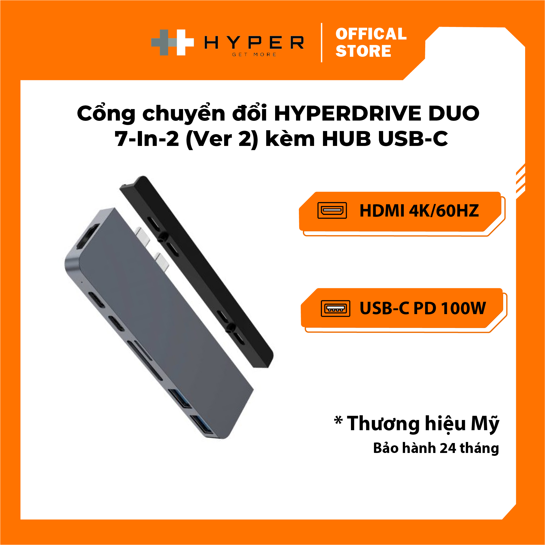 CỔNG CHUYỂN HYPERDRIVE DUO 7-IN-2 HDMI 4K60HZ WITH CABLE USB-C HUB FOR MACBOOK/IPADPRO/LAPTOP/SMARTPHONE - HÀNG CHÍNH HÃNG - HD28C