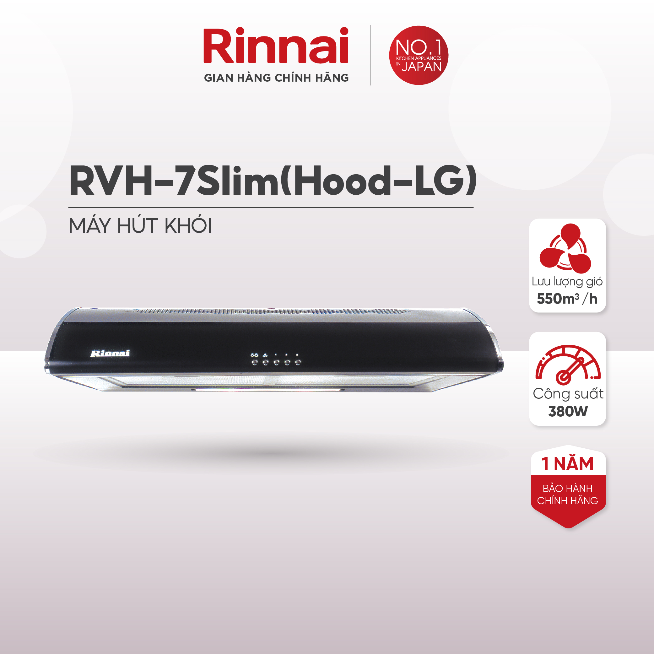 Máy hút mùi 70cm Rinnai RVH-7Slim(Hood-LG) than hoạt tính và ống thoát 380W - Hàng chính hãng.