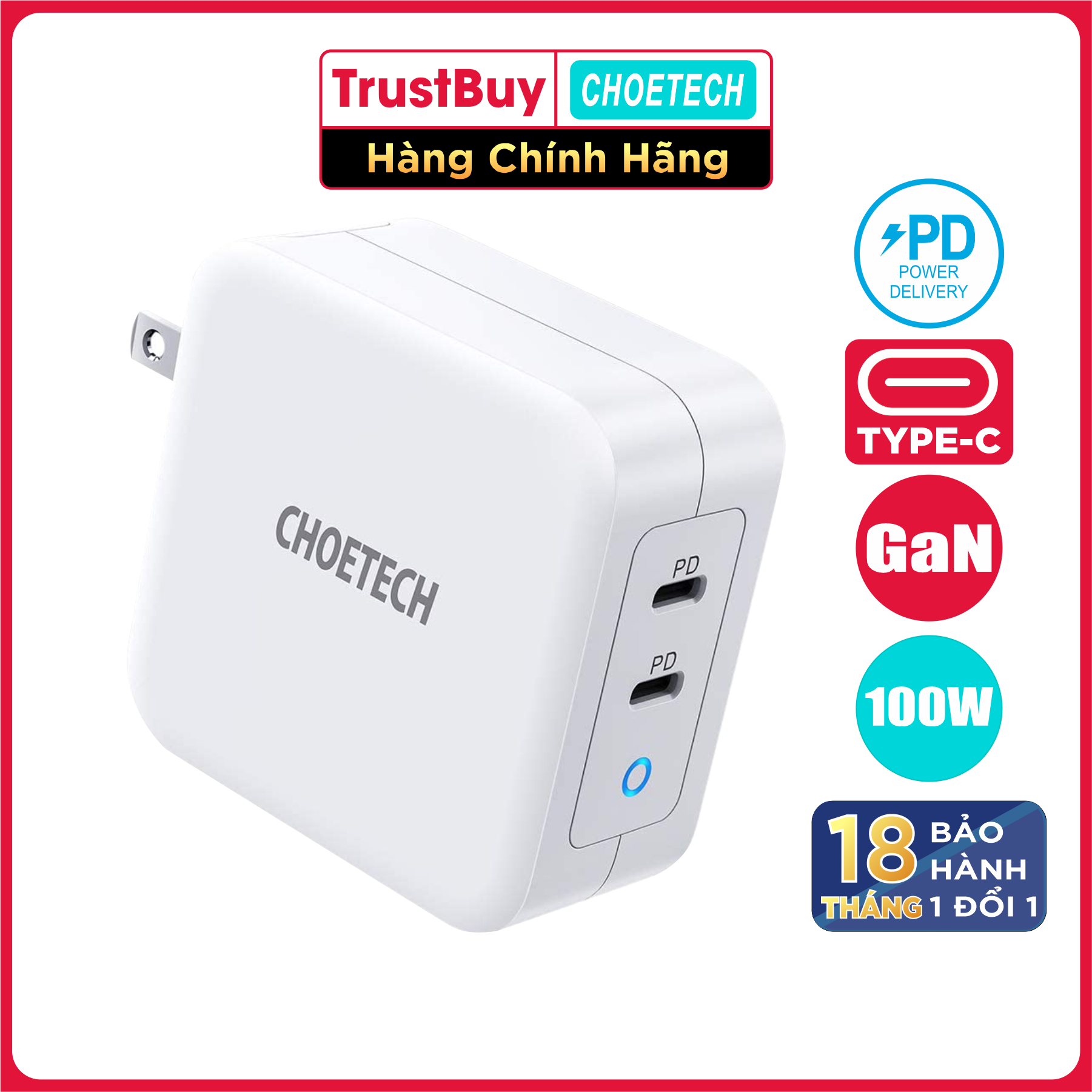 Adapter Củ Sạc 100W 2 Cổng Type C cho Macbook, Laptop, Smartphone CHOETECH PD6008 Kèm Dây Cáp Type C to C 100W - Hàng Chính Hãng