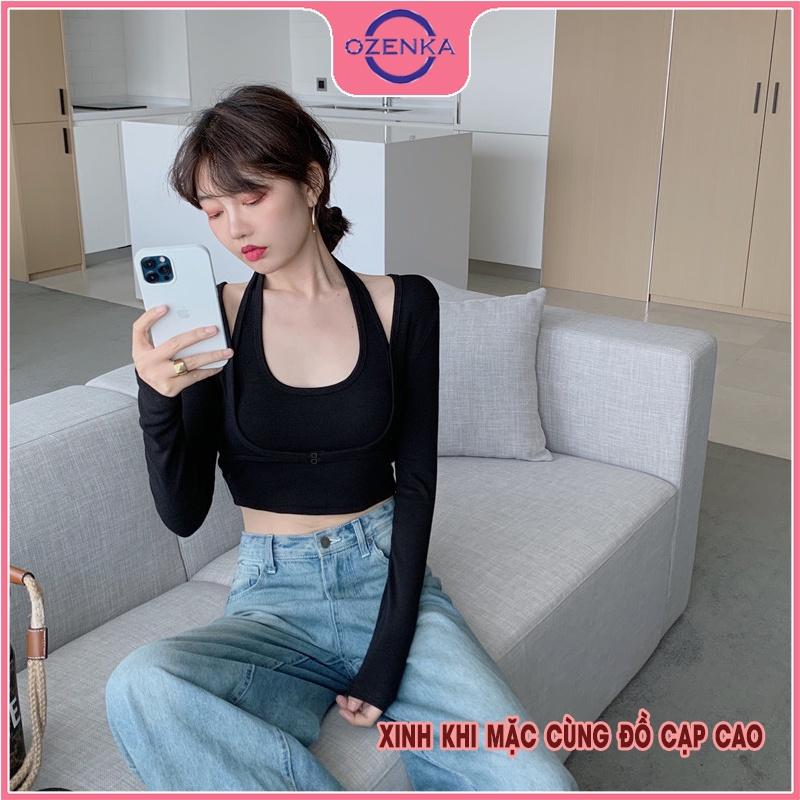 Áo thun croptop tay dài ôm body nữ , crt len tăm cotton đẹp màu đen trắng free size dưới 50kg