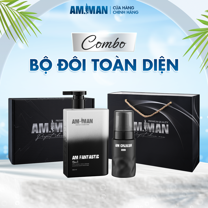 Combo Sữa tắm gội AM FANTASTIC 5 in 1 365ml &amp; Bọt vệ sinh AM CHERISH 120ml AM-MAN kèm hộp túi làm quà tặng, bộ đôi toàn diện