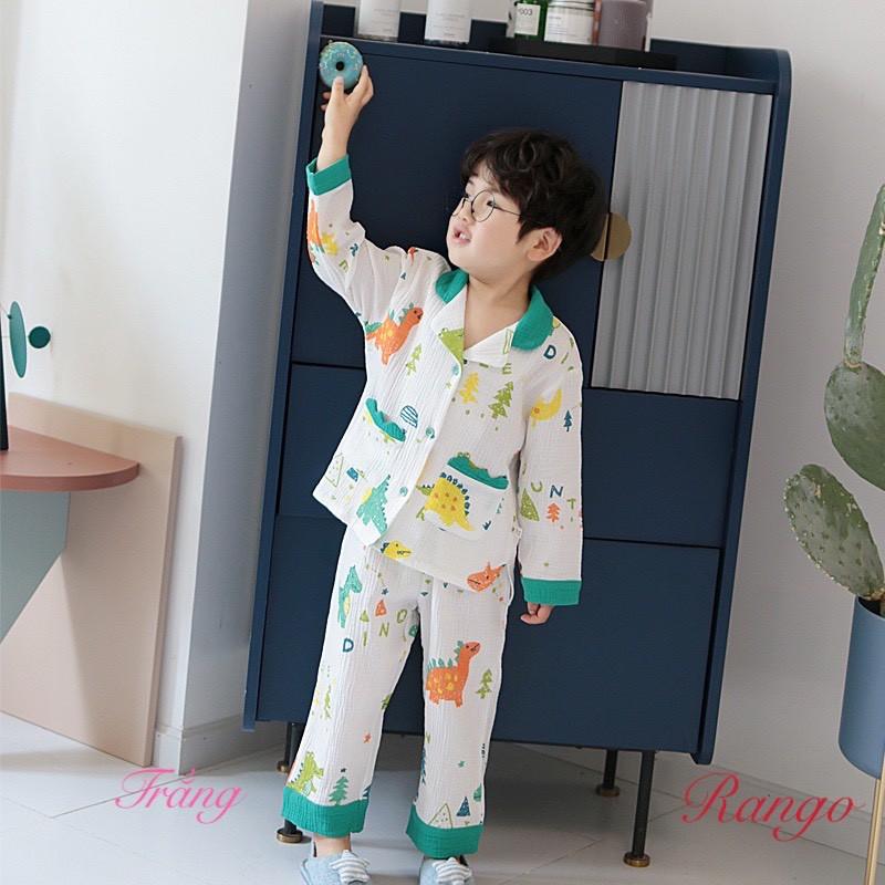 Bộ pizama bé gái bé trai hình khủng long chất thun cotton mịn mát ấm áp