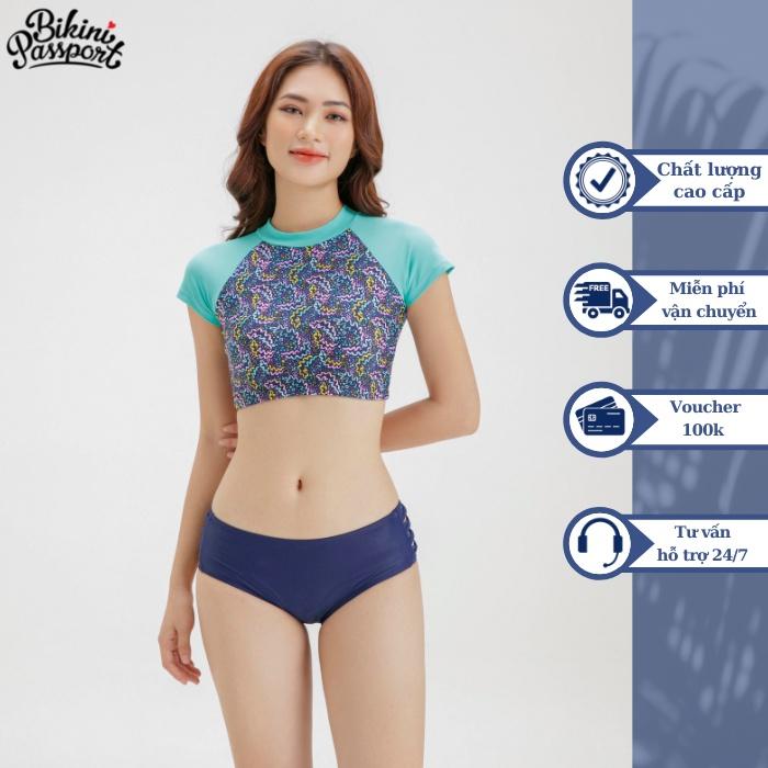 Áo bơi NỮ lẻ BIKINI PASSPORT kiểu Croptop tay ngắn có khoá - màu Xanh da trời - BS240_BU