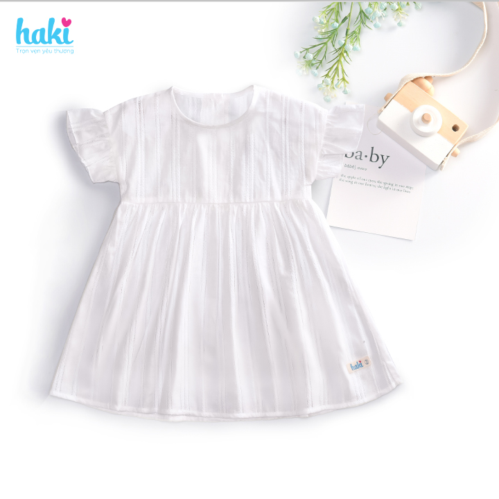 Váy bé gái_đầm trắng vân kẻ liền vai tay quấn bèo chính hãng HAKI HK516 , váy mùa hè cho bé, đầm trẻ em, váy thiết kế cho bé 