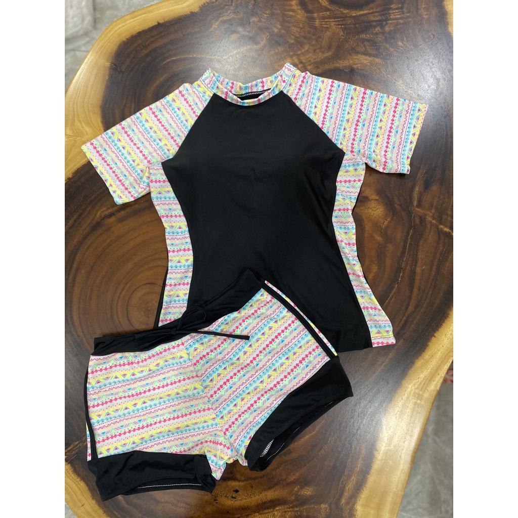Đồ bơi nữ bikini HAI MẢNH NGẮN TAY QUẦN ĐÙI HOẠ TIÉT Kín Đáo HM-022
