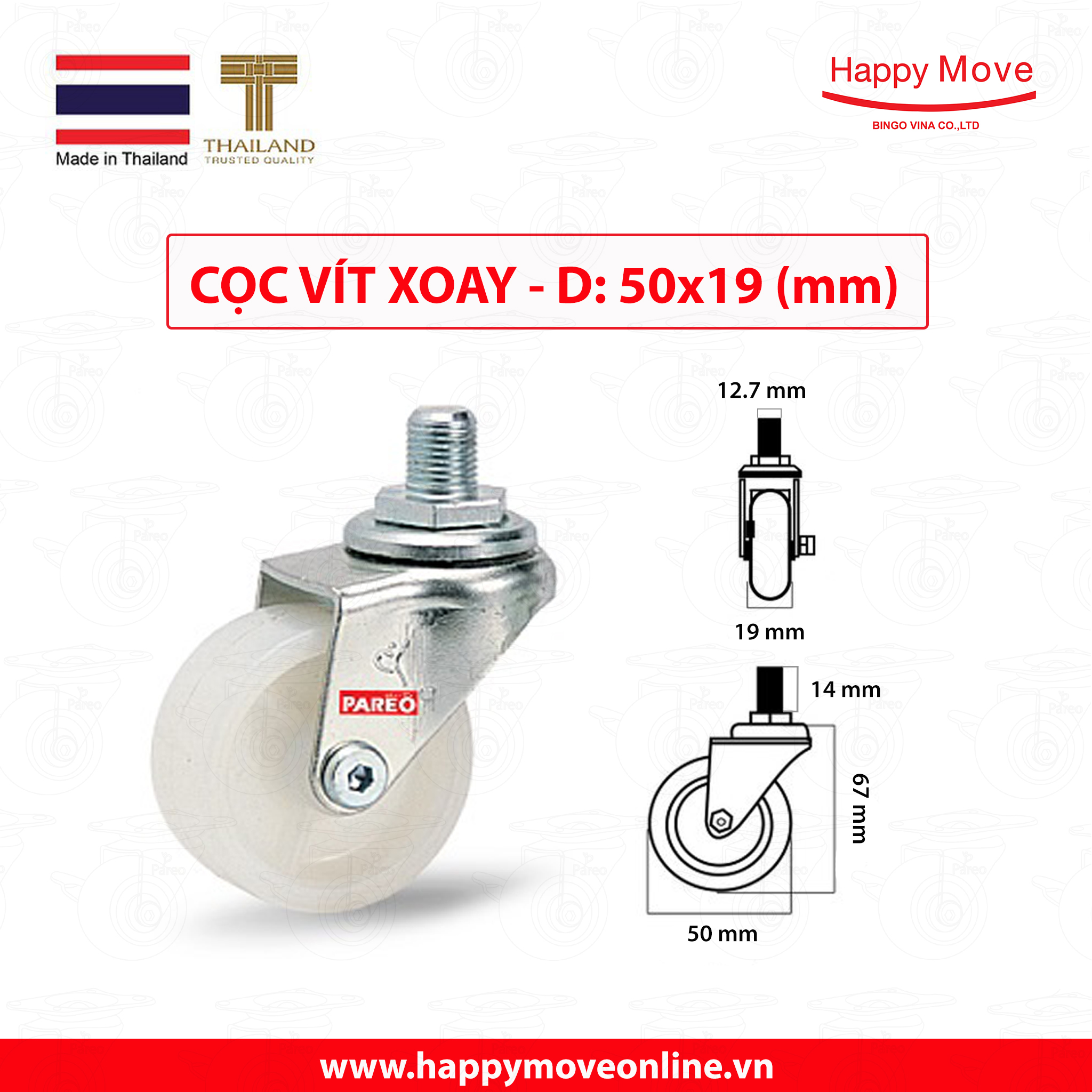 Bánh xe đẩy nylon tải nhẹ cọc vít xoay 360 độ - 50-65-75mm - Happy Move Thái Lan