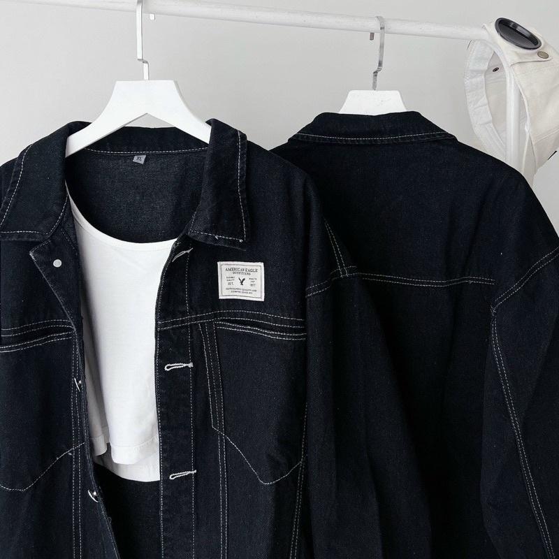 (Chuyên sỉ) Áo khoác jean đen nam nữ chỉ nổi thêu tag from rộng 50-75kg HUYNE Denim