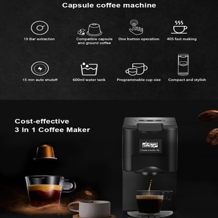 Máy pha cà phê viên nén đa năng 3 trong 1 nhãn hiệu DSP KA3046 Công suất: 1450W Áp suất: 19 Bar - HÀNG NHẬP KHẨU