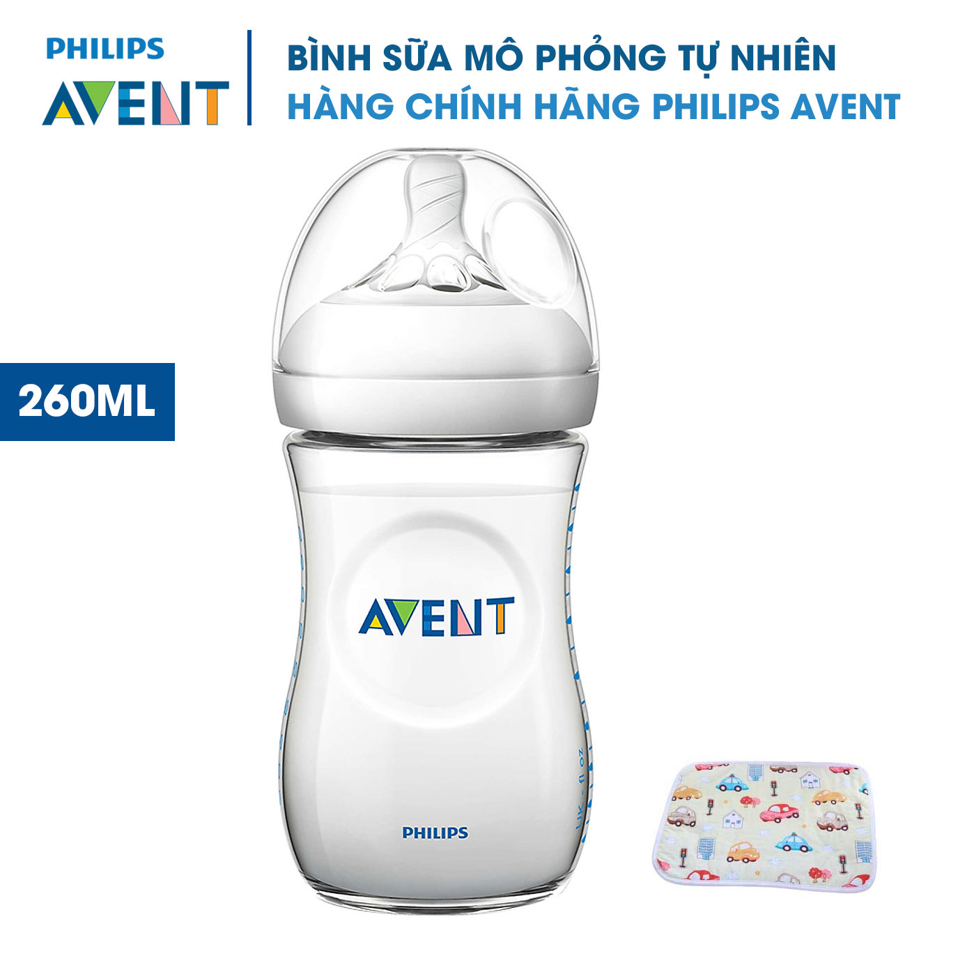 Bình sữa Avent cho bé 260ml. Bình Sữa Mô Phỏng Tự Nhiên Philips Avent. Tặng kèm tấm lót chống thấm cho bé.