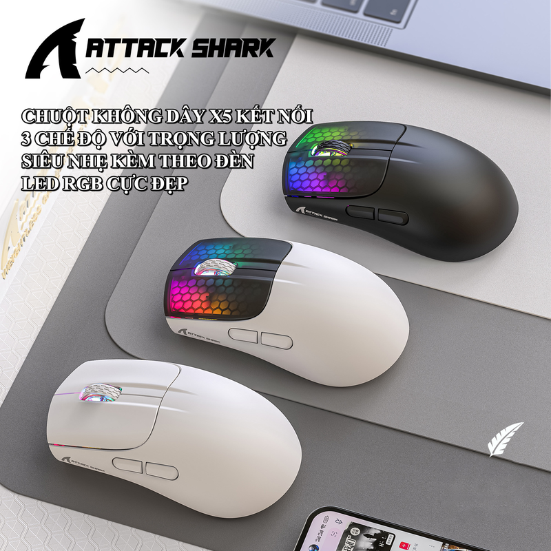 Chuột không dây ATTACK SHARK X5 kết nối 3 chế độ thiết kế chuột trọng lượng siêu nhẹ kèm theo đèn led RGB và 5 mức độ DPI - Hàng Chính Hãng