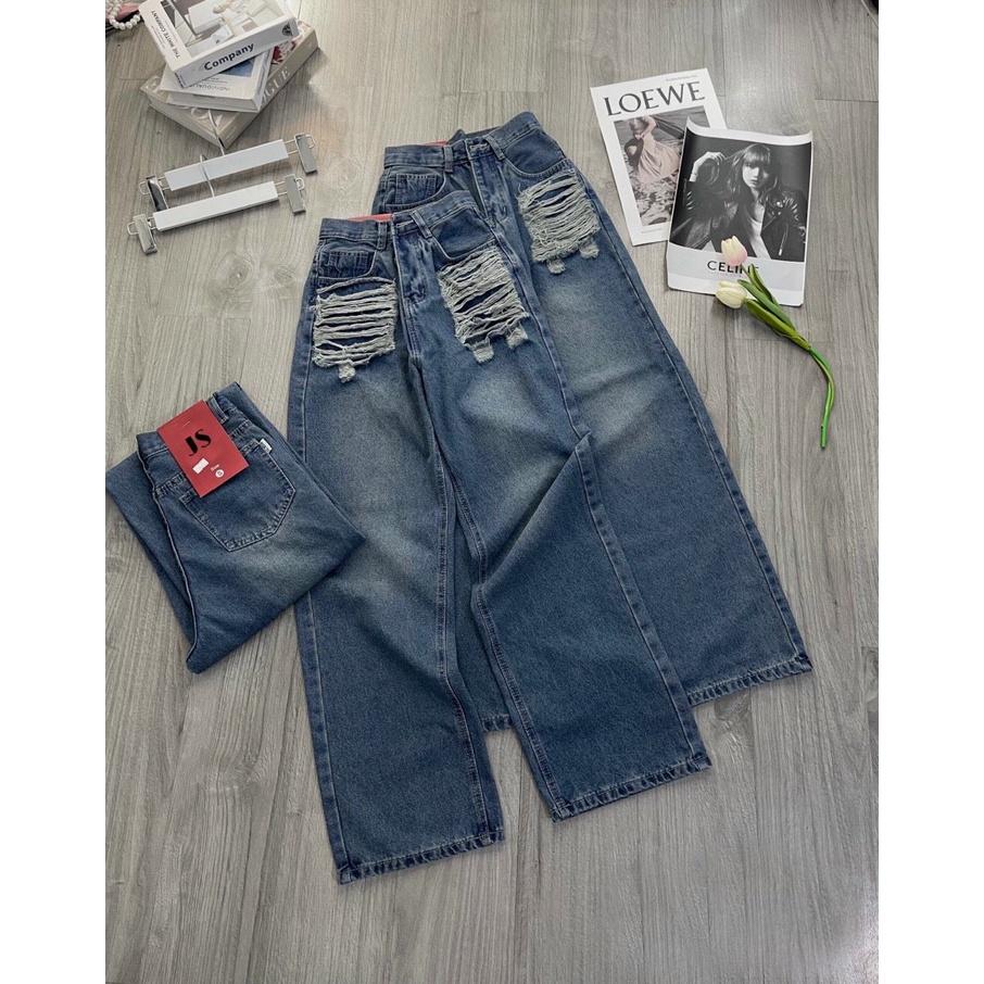 Quần Jeans Nữ Ống Rộng Cào Rách 2 Bên Túi, Quần Bò Ống Rộng Lưng Cao Siêu Phá Cách 2 Màu Xanh Đậm Và Nhạt 310