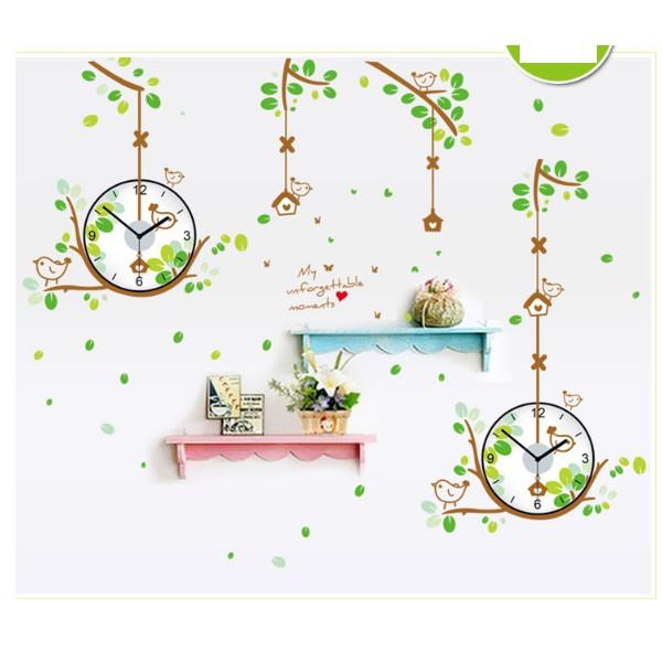 Decal Trang Trí Tường Kèm Đồng Hồ Dán Tường Cành Cây Con Chim Xanh